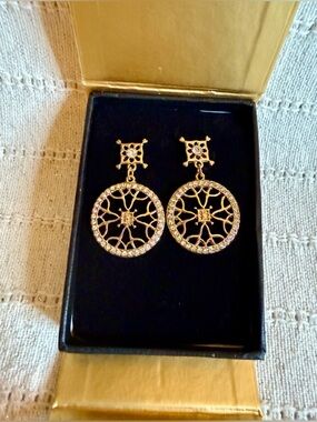 Vintage Avon Gold Filigree Circle Drop Earrings with Crystals - Women Jewelry